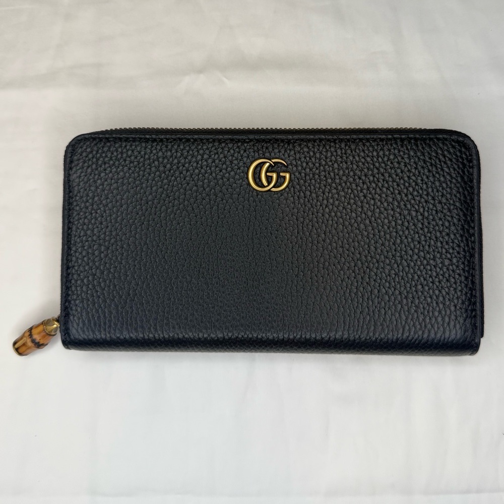 GUCCI GG MARMONT 19 ZIP-AROUND WALLET BLACK CALFSKIN BAMBOO ZIP
